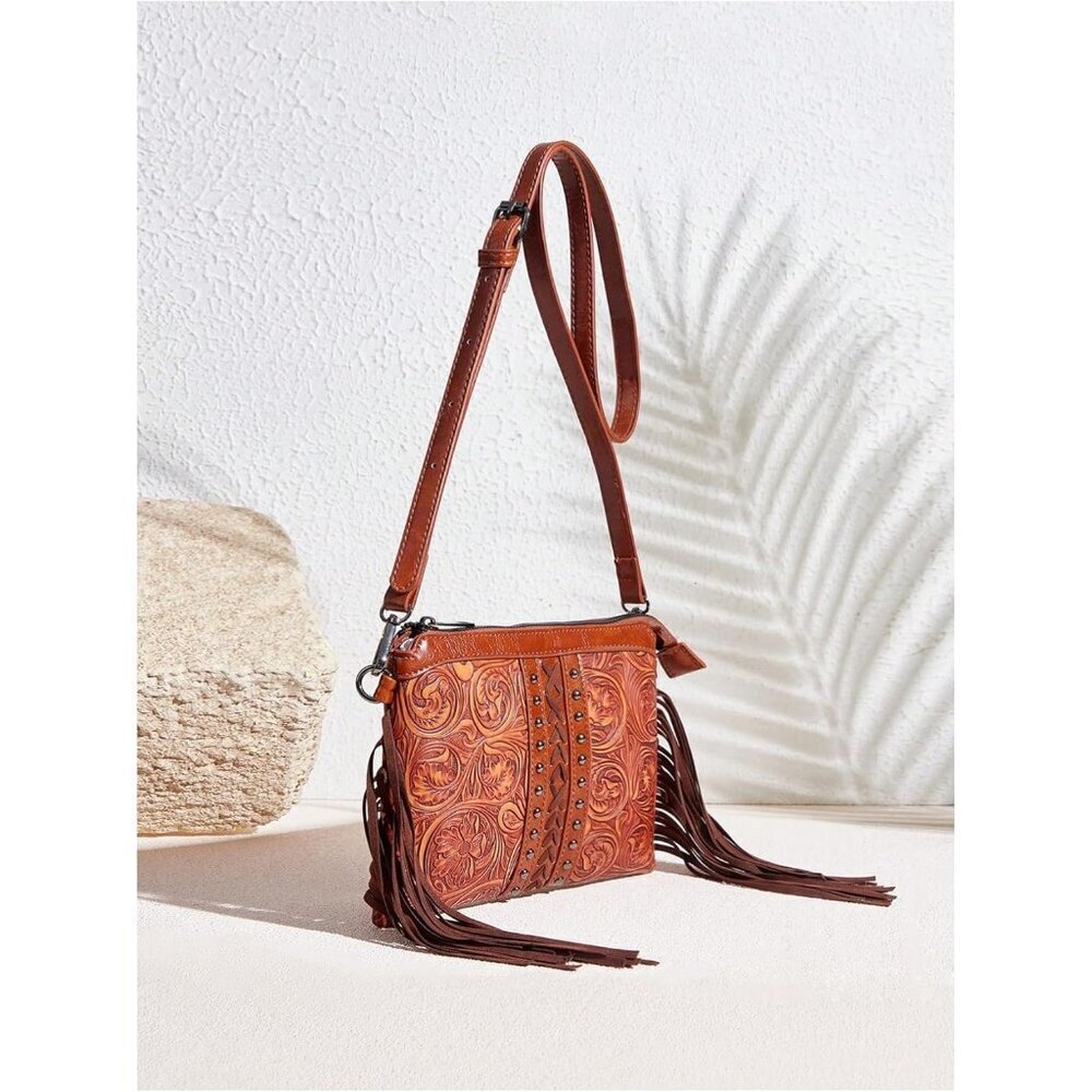 Women's PU Leather Crossbody Bag Fringe Tassel Shoulder Purse Western Stylish - Picture 2 of 6